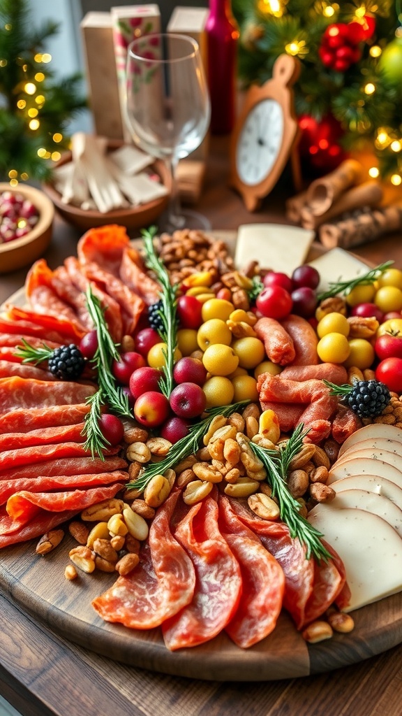 A festive charcuterie board with meats, cheeses, fruits, and nuts, decorated for Christmas.